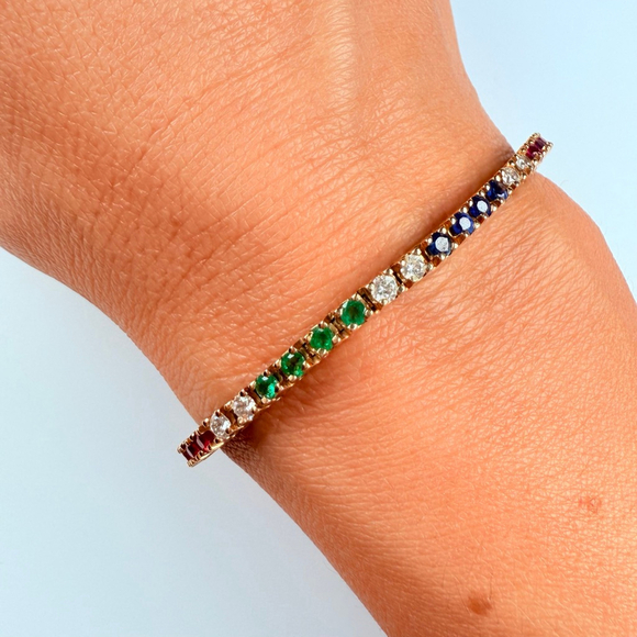 Estate 14K 1.25 TCW Diamond & 2.55 TCW Ruby Emerald Sapphire 3mm Tennis Bracelet - Picture 8 of 13